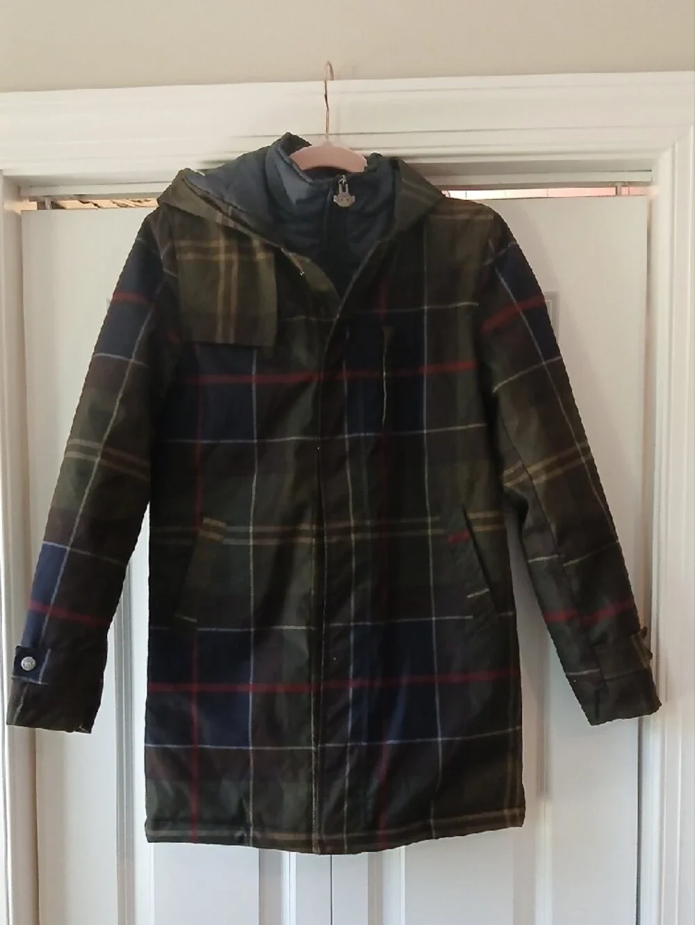 Appaman Plaid Quilted Pea Coat in Green and Navy with Red Accents Sx 14